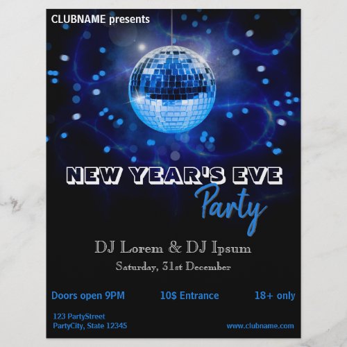 Modern New Years Eve Blue Disco Ball Party Flyer