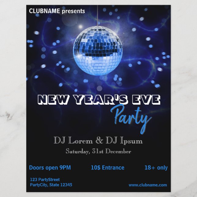 Modern New Year's Eve Blue Disco Ball Party Flyer (Front)