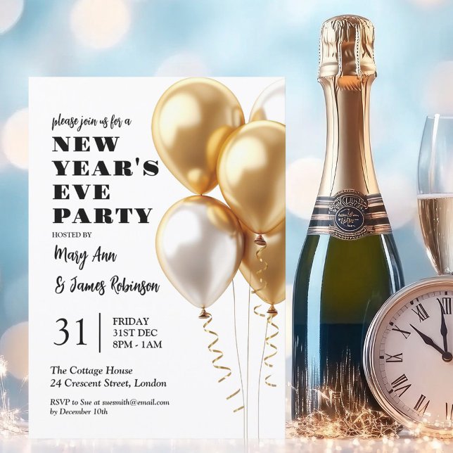 MODERN New Years Eve Celebration Gold Balloons Invitation (MODERN New Years Eve Celebration Gold Balloons Invitation)