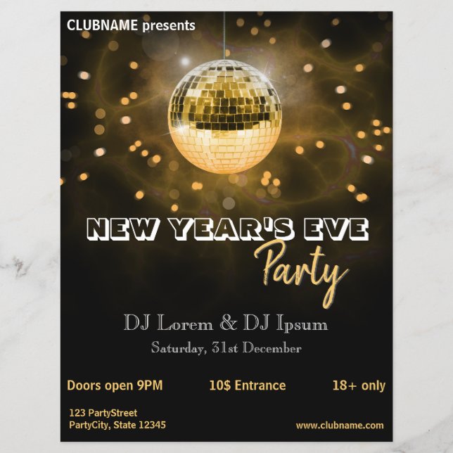 Modern New Year's Eve Gold Disco Ball Party Flyer (Front)
