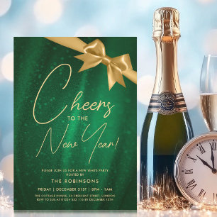 MODERN New Years Eve Gold Green Sparkle Sequin Bow Invitation