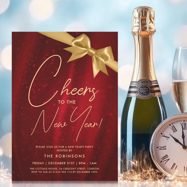 MODERN New Years Eve Gold Red Sparkle Sequin Bow Invitation (MODERN New Years Eve Gold Red Sparkle Sequin Bow Invitation)