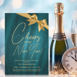 MODERN New Years Eve Gold Teal Sparkle Sequin Bow Invitation