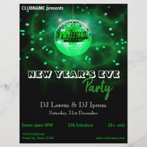 Modern New Years Eve Green Disco Ball Party Flyer