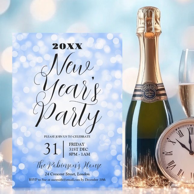 MODERN New Years Eve Party Blue Bokeh Lights Invitation (MODERN New Years Eve Party Blue Bokeh Lights Invitation)