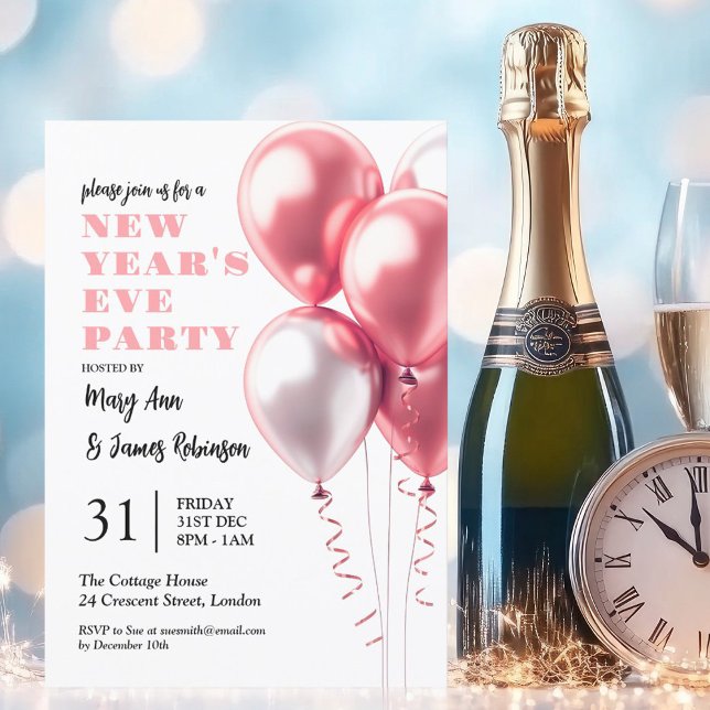 MODERN New Years Eve Party Blush Pink Balloons Invitation (MODERN New Years Eve Party Blush Pink Balloons Invitation)