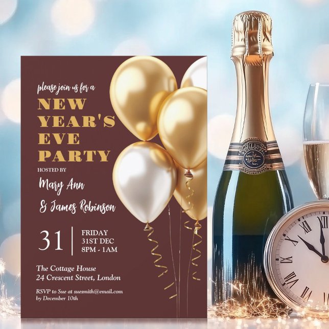 MODERN New Years Eve Party Gold Balloons Burgundy  Invitation (MODERN New Years Eve Party Gold Balloons Burgundy Invitation)