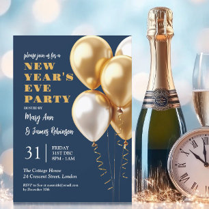 MODERN New Years Eve Party Gold Balloons Navy Invitation