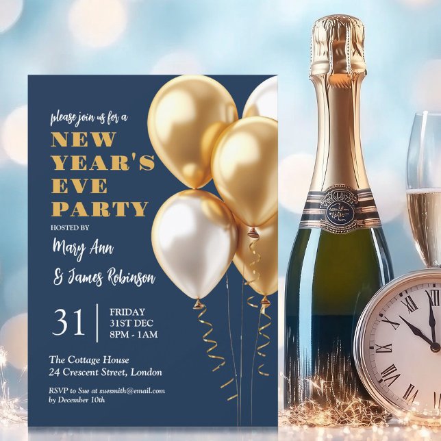 MODERN New Years Eve Party Gold Balloons Navy  Invitation (MODERN New Years Eve Party Gold Balloons Navy Invitation)