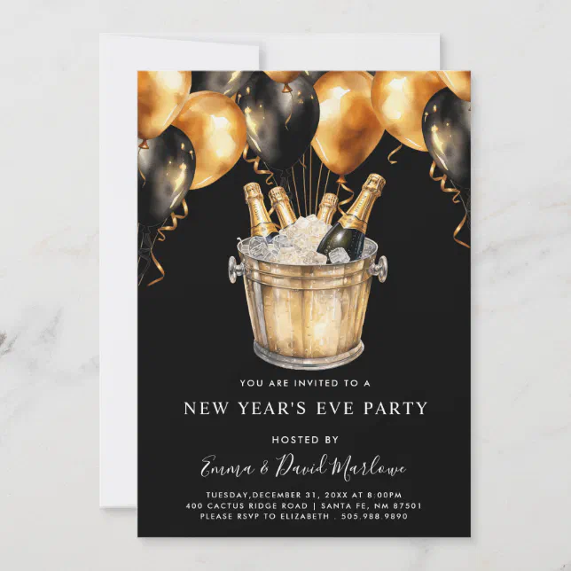 Modern New Year's Eve Party Gold Black Balloons Invitation | Zazzle