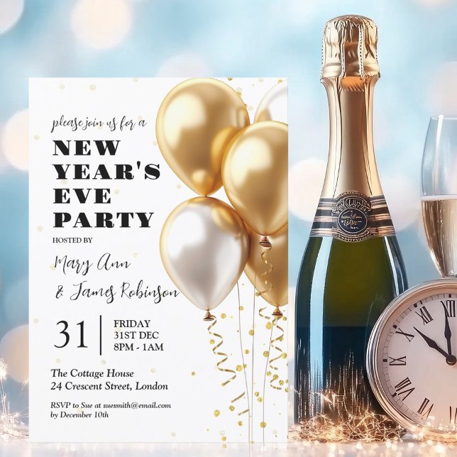 MODERN New Years Eve Party Gold Confetti Balloons Invitation (MODERN New Years Eve Party Gold Confetti Balloons Invitation)