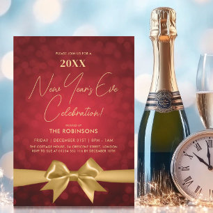 MODERN New Years Eve Party Red Bokeh Gold Bow Invitation