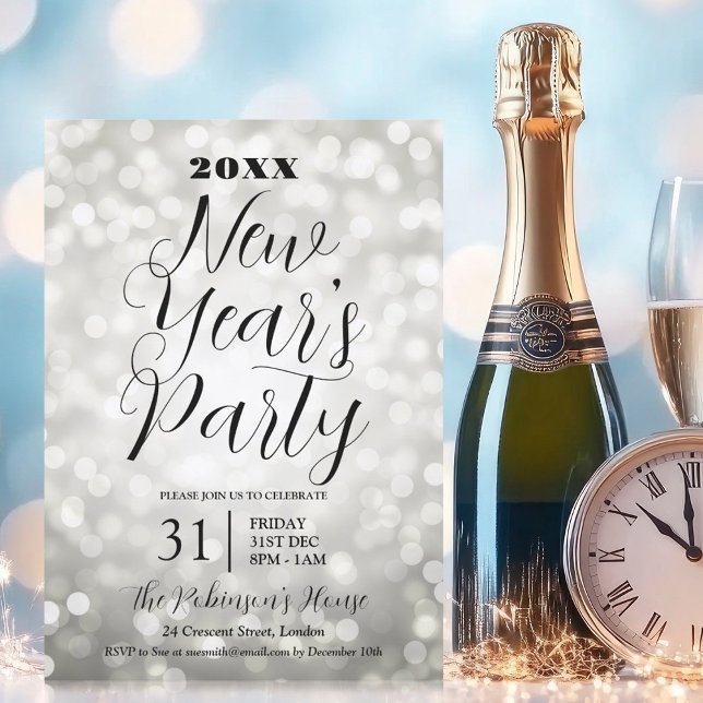 MODERN New Years Eve Party Silver Bokeh Lights Invitation (MODERN New Years Eve Party Silver Bokeh Lights Invitation)