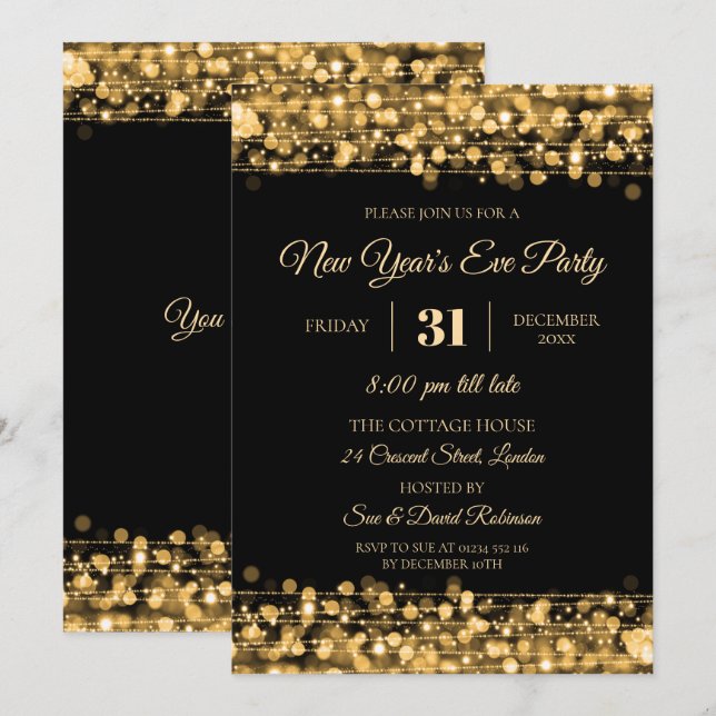 Modern New Years Eve Party Sparkles Gold Invitation (Front/Back)