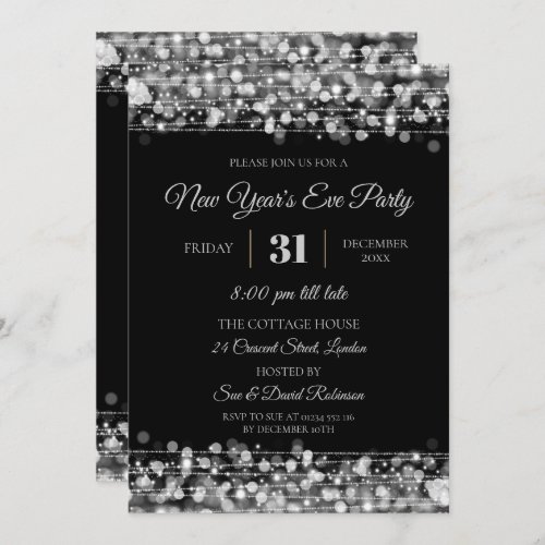 Modern New Years Eve Party Sparkles Silver Invitation