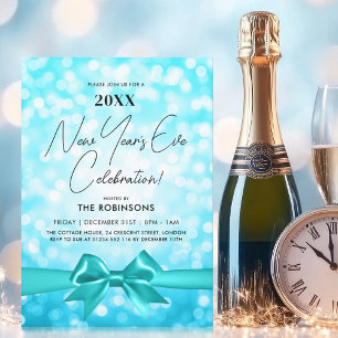 MODERN New Years Eve Party Turquoise Bokeh Bow Invitation