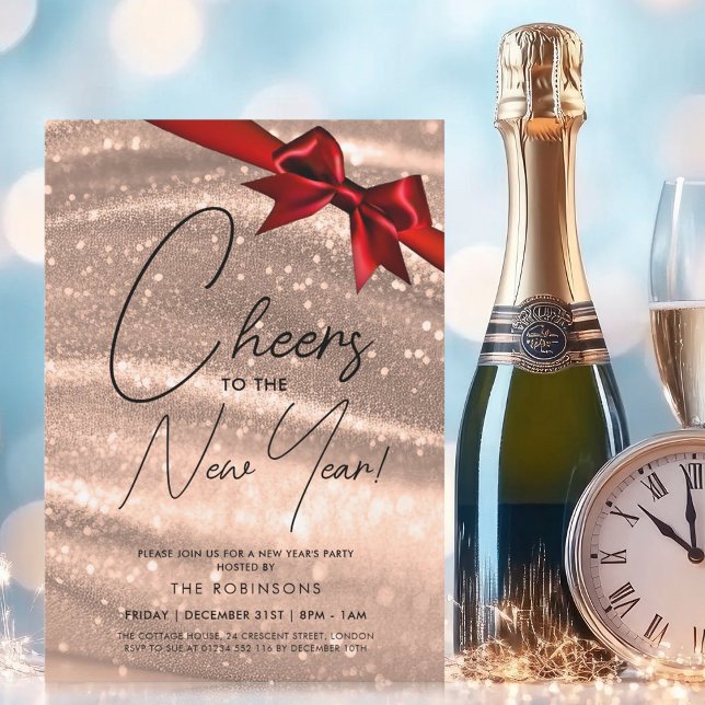 MODERN New Years Eve Rose Gold Champagne Bokeh Bow Invitation (MODERN New Years Eve Rose Gold Champagne Bokeh Bow Invitation)