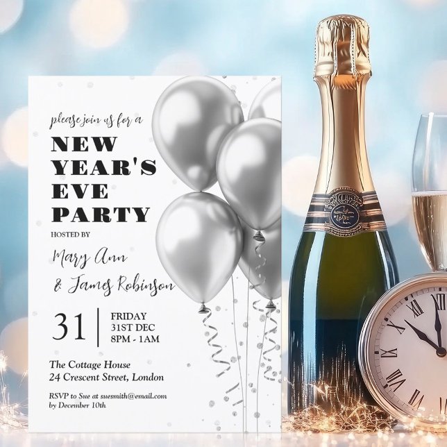 MODERN New Years Eve Silver Confetti Balloons Invitation (MODERN New Years Eve Silver Confetti Balloons Invitation)