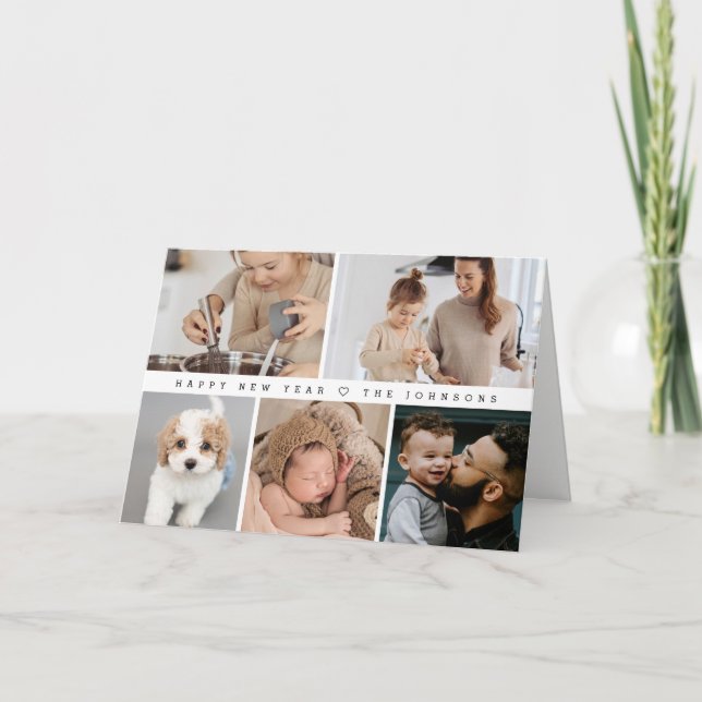 Modern New Years Family Photo collage Custom Holiday Card (Front)