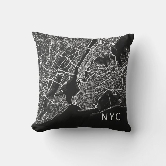 Modern New York City Map | NYC | Black & White Throw Pillow (Front)