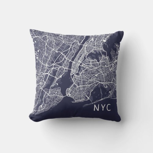 Modern New York City Map  NYC  Blue  White Throw Pillow