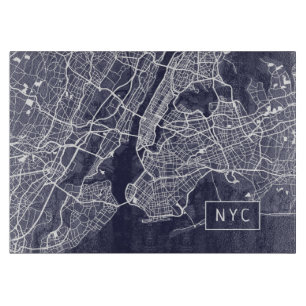 Modern New York City Map   NYC   Navy Blue Cutting Board