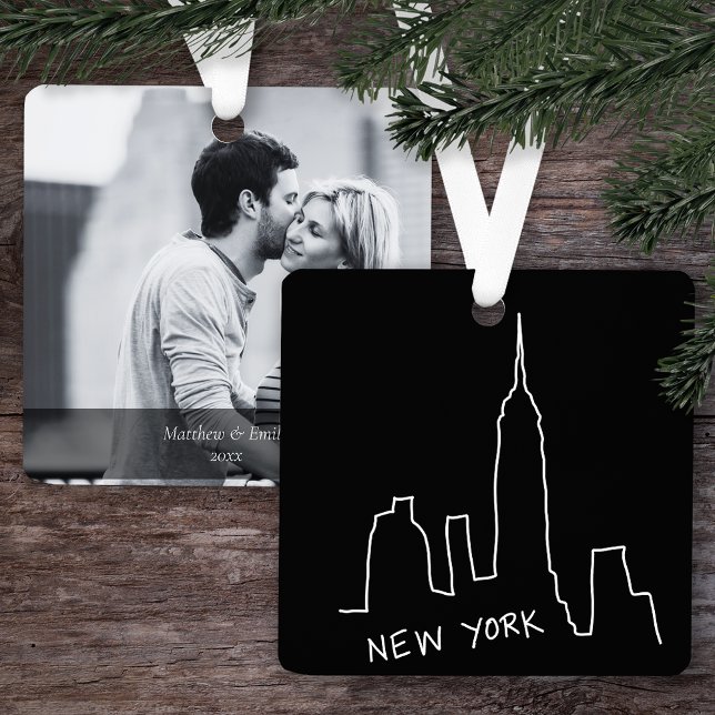 Modern New York City Skyline Doodle Photo & Text Metal Ornament (Creator Uploaded)