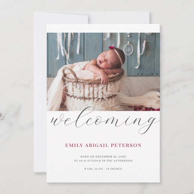 Modern Newborn Baby Birth Photo Simple Welcoming Announcement (Front)
