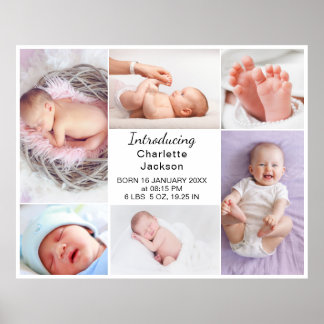 Modern Newborn Baby Birth Stats & Photo Collage Poster