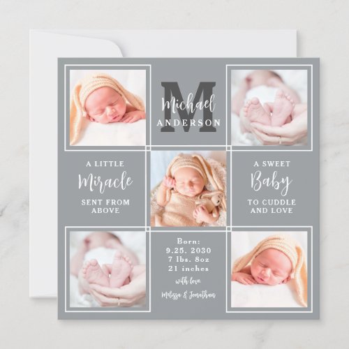 Modern Newborn Baby Personalized 5 Photo Birth Announcement