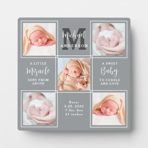 Modern Newborn Baby Personalized 5 Photo Collage Plaque
