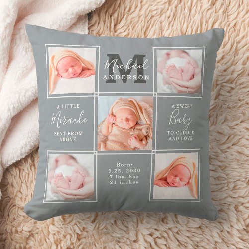 Modern Newborn Baby Personalized 5 Photo Collage Throw Pillow