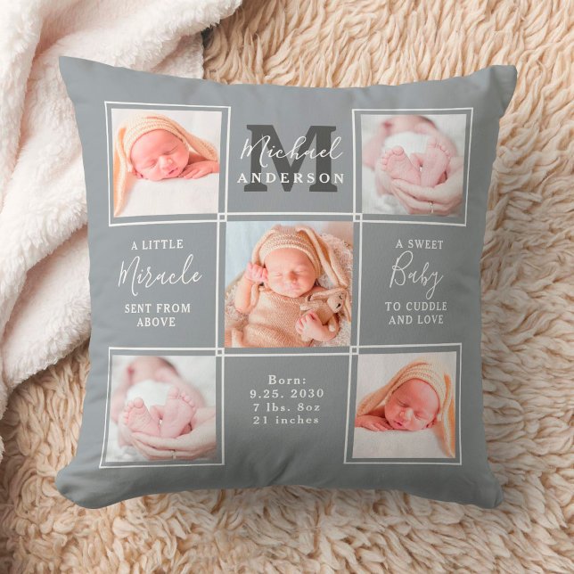 Modern Newborn Baby Personalized 5 Photo Collage Throw Pillow (Creator Uploaded)