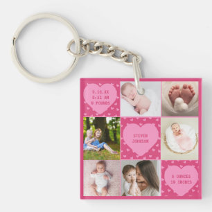 Modern Newborn Baby Personalized 6 Photo Collage Keychain