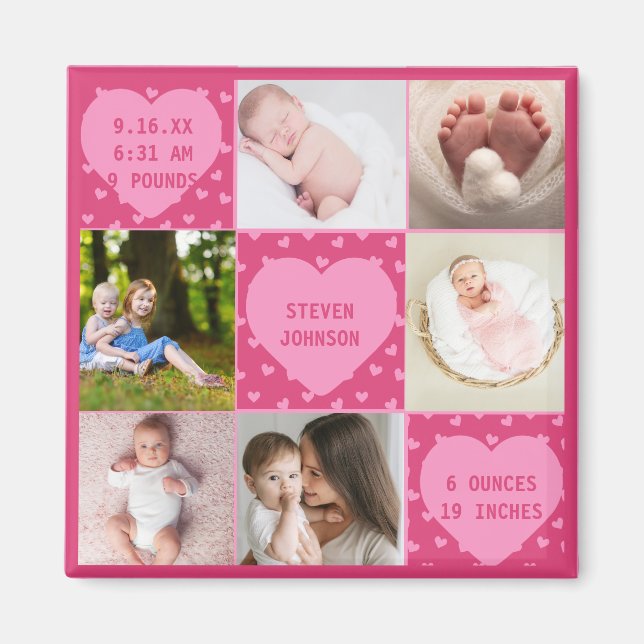 Modern Newborn Baby Personalized 6 Photo Collage  Magnet (Front)
