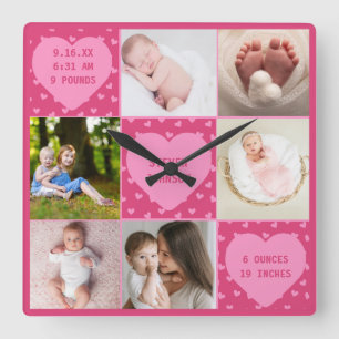 Modern Newborn Baby Personalized 6 Photo Collage Square Wall Clock