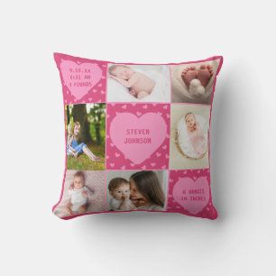 Modern Newborn Baby Personalized 6 Photo Collage Throw Pillow