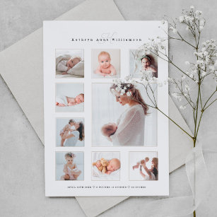 Modern Newborn Baby Photo Collage & Monogram Birth Magnetic Invitation