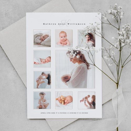 Modern Newborn Baby Photo Collage  Monogram Birth Magnetic Invitation