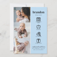 Modern Newborn Baby Photo Collage Stats Blue Birth Announcement