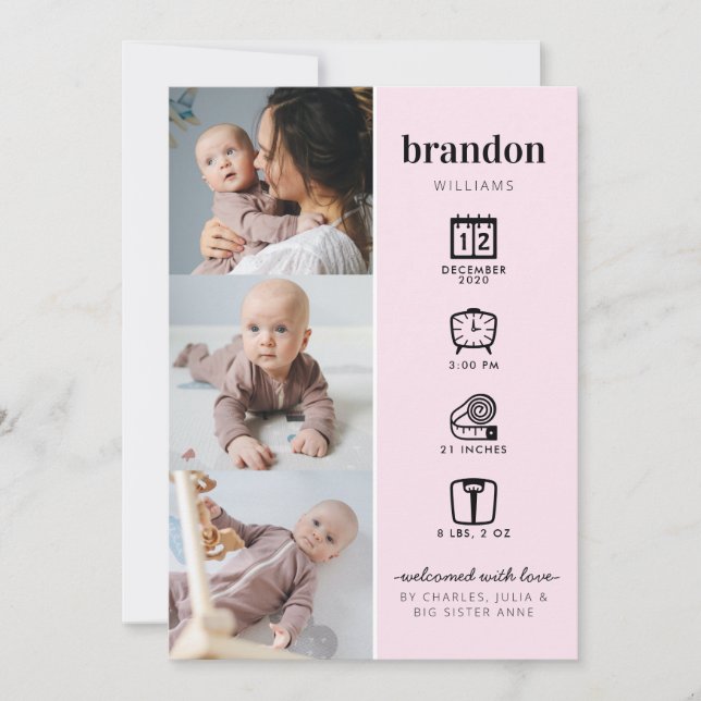 Modern Newborn Baby Photo Collage Stats Pink Birth Announcement (Front)