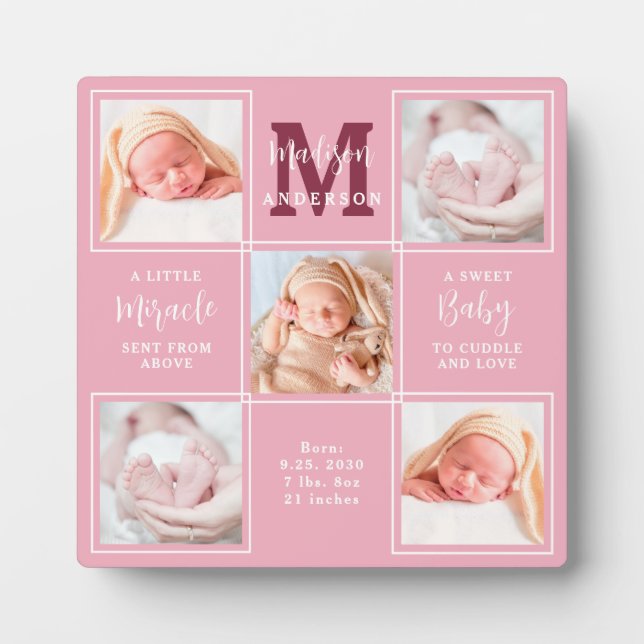 Modern Newborn Personalized 5 Photo Collage Pink Plaque (Front)