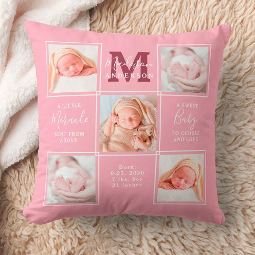 Modern Newborn Personalized 5 Photo Collage Pink Throw Pillow