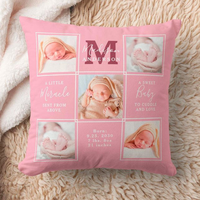 Modern Newborn Personalized 5 Photo Collage Pink Throw Pillow (Creator Uploaded)