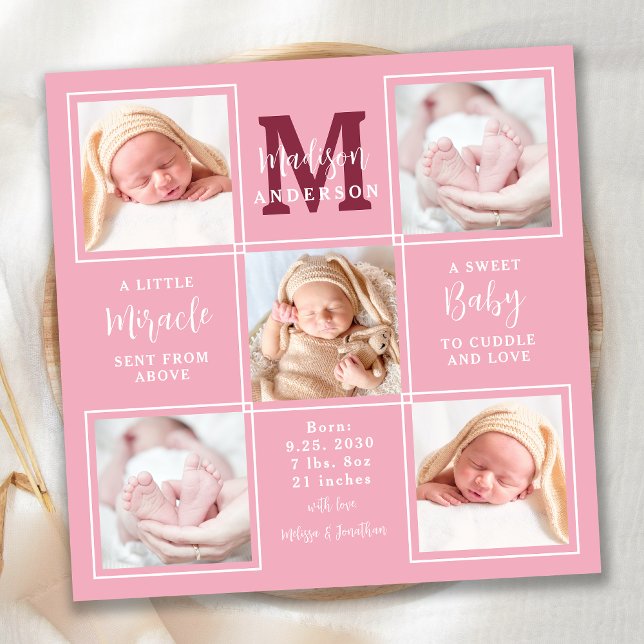 Modern Newborn Personalized 5 Photo Pink Birth Announcement (Creator Uploaded)