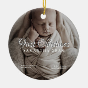 Modern Newborn Photo & Birth Stats First Christmas Ceramic Ornament