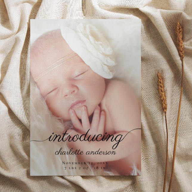 Modern Newborn Photo Elegant Calligraphy Birth Announcement (Creator Uploaded)