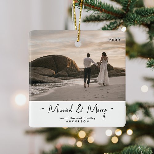 Modern Newly Weds 1st Christmas Photo Christmas Ceramic Ornament