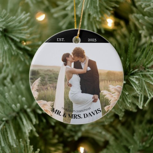 Modern Newlywed 2 Photo Our First Christmas Ceramic Ornament