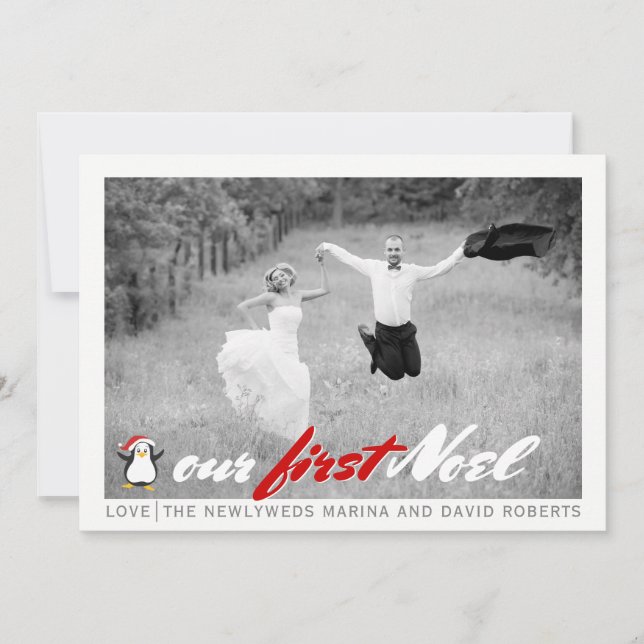 Modern newlywed - Christmas red flat photo card (Front)